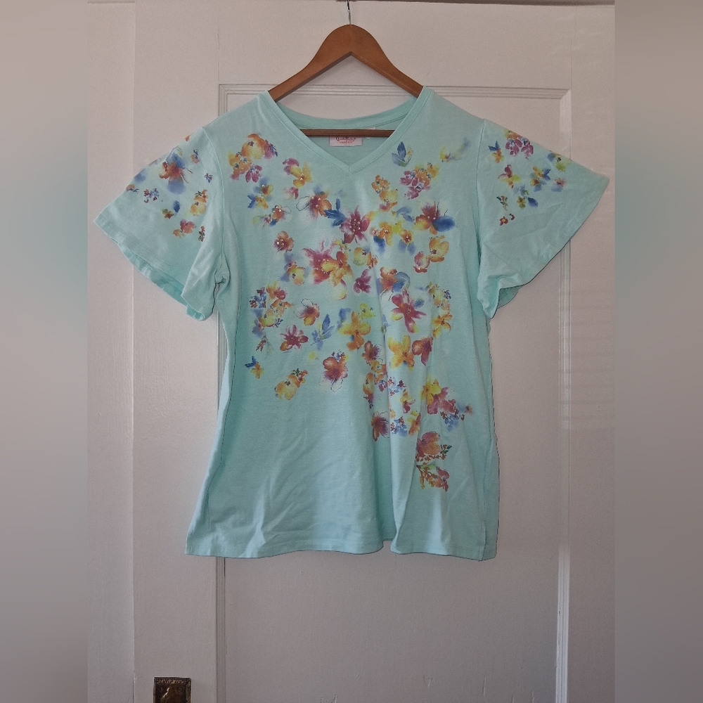 Quacker Factory Floral Turquoise Tee L • Gems • Wide Sleeves • Spring & Easter